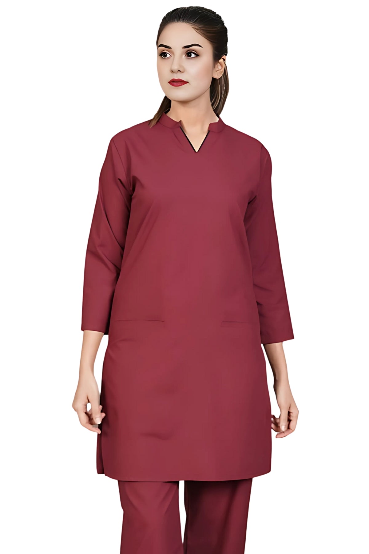 Sleek Piped V-Neck Scrub Set in Burgundy - front view
