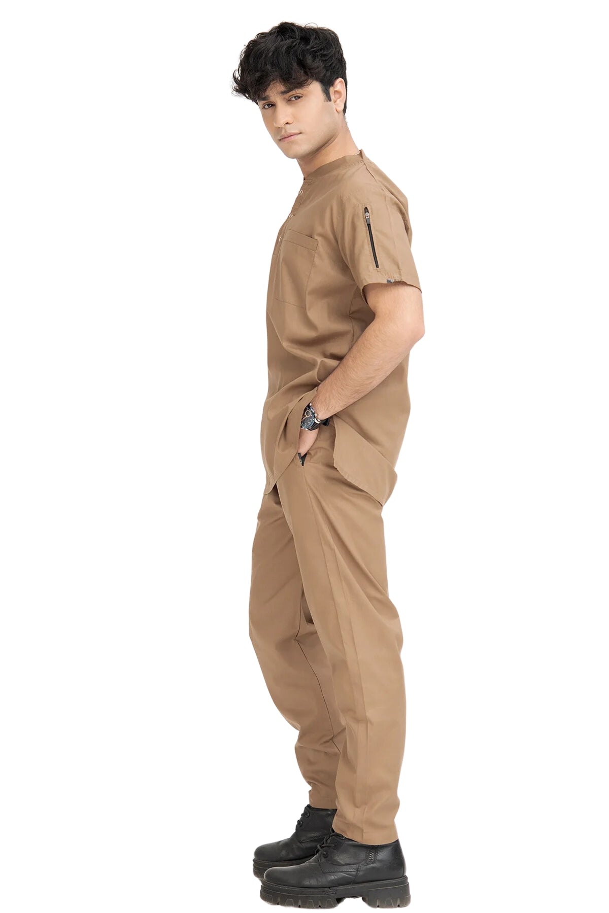 Men's Modern Fit Scrub Set with Shoulder Zip Design - right side view