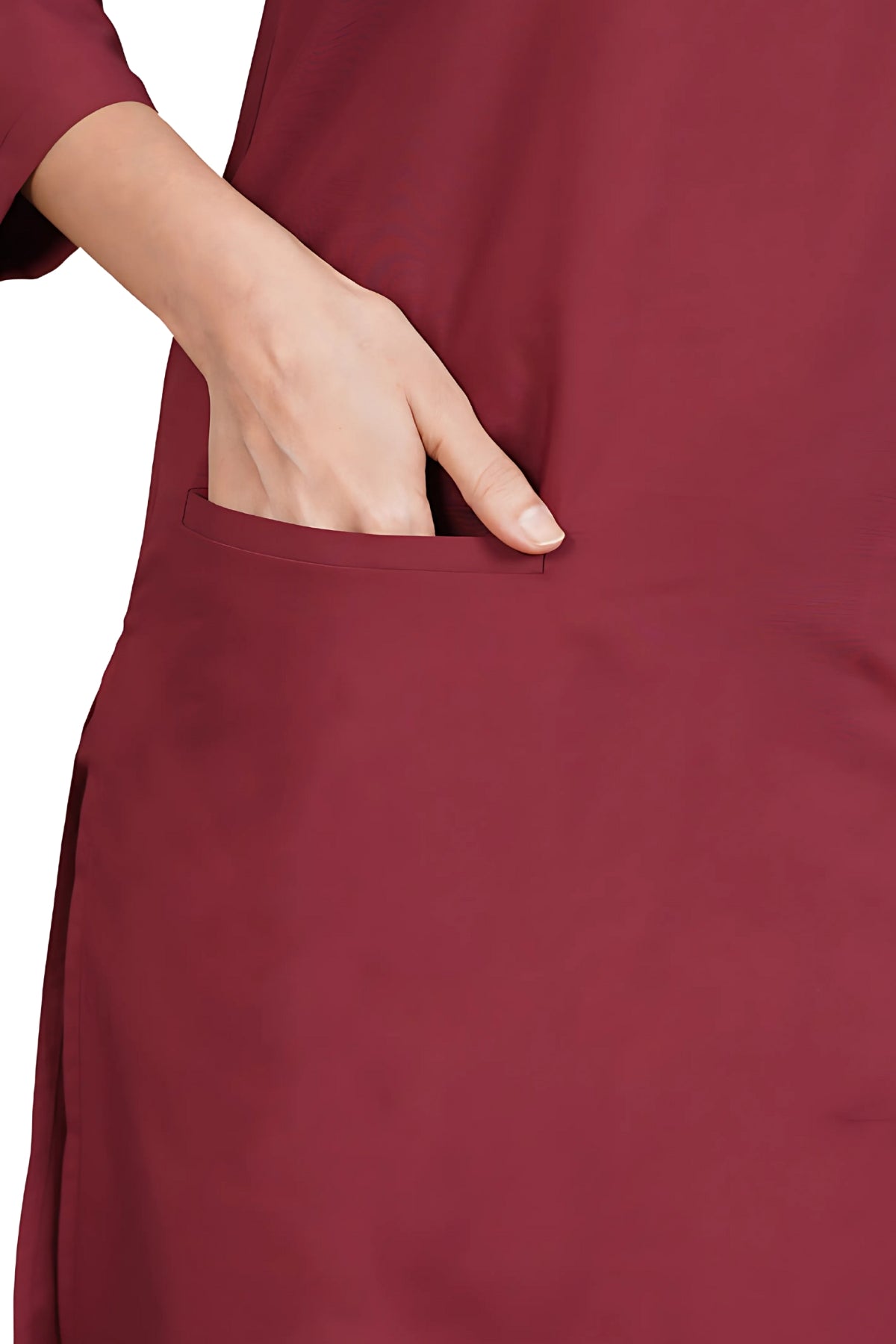 Sleek Piped V-Neck Scrub Set in Burgundy - pocket view burgundy